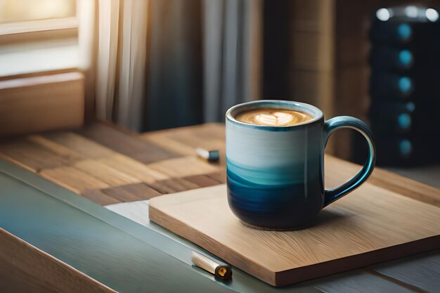 una taza azul con un agujero se sienta sobre una mesa.