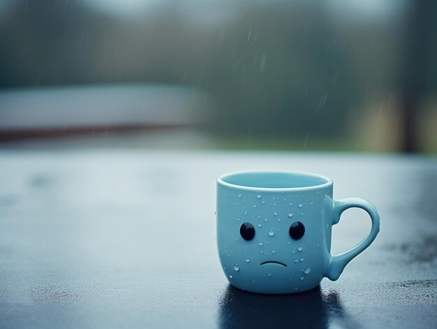 Foto taza azul con cara triste en la lluvia concepto del lunes azul