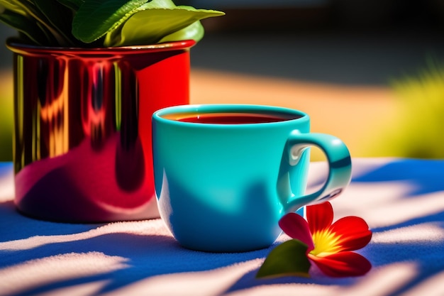 Una taza azul con una flor roja está sobre una mesa con una olla roja que dice "café".