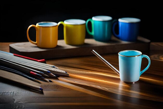 Una taza azul con un mango amarillo se sienta en una mesa con una taza azul y un bolígrafo delante de ella.