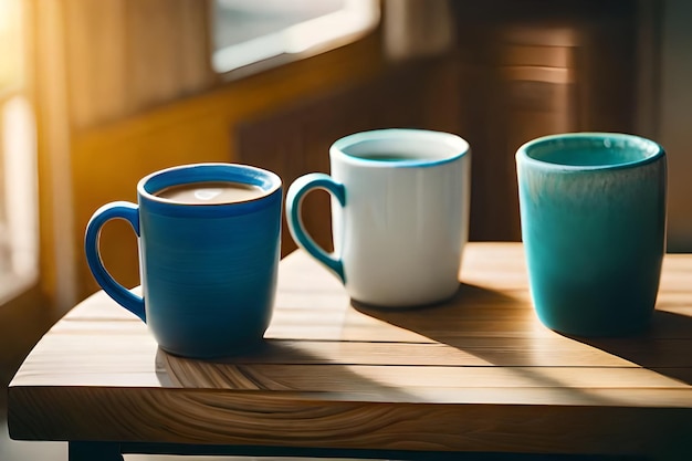 una taza azul con la palabra café escrita