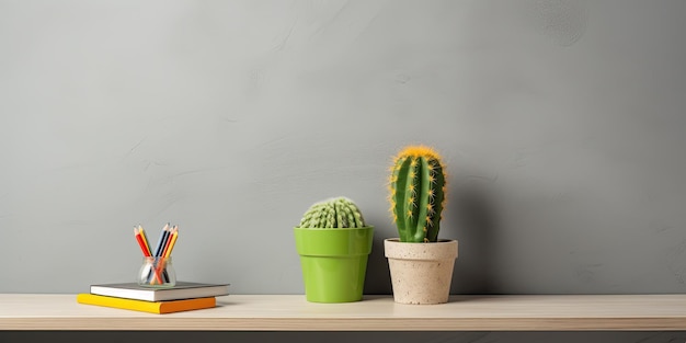 taza azul ultra realista con lápices de colores y una pila de libros en la mesa de madera ligera