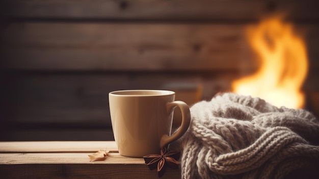 Una taza de bebida caliente con una bufanda de punto en una mesa de madera