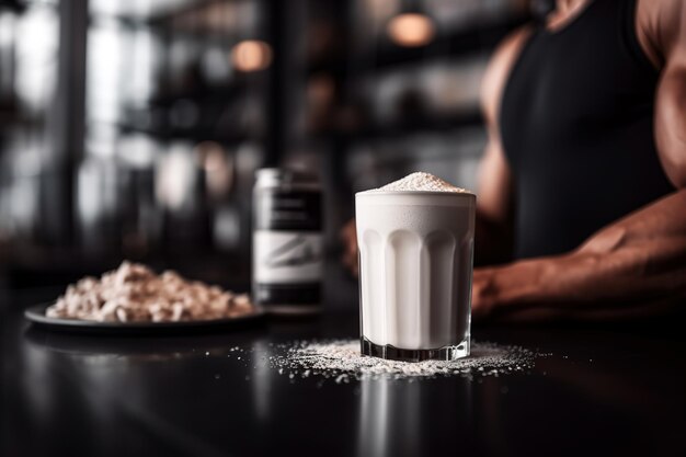 Una taza de bebida de proteína en polvo fitness