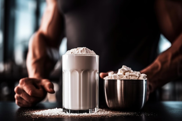 Una taza de bebida de proteína en polvo fitness