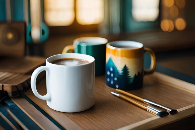 Una taza blanca con un árbol encima.