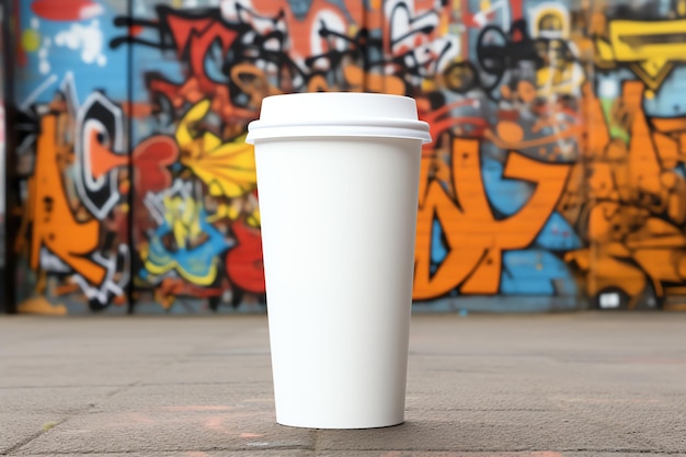 Una taza blanca con asa maqueta Urban Graffiti Wall para el concepto de celebración para tu o