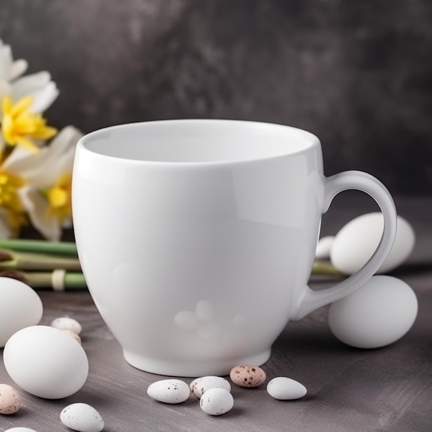 Una taza blanca con asa y una taza blanca con un ramo de flores detrás.