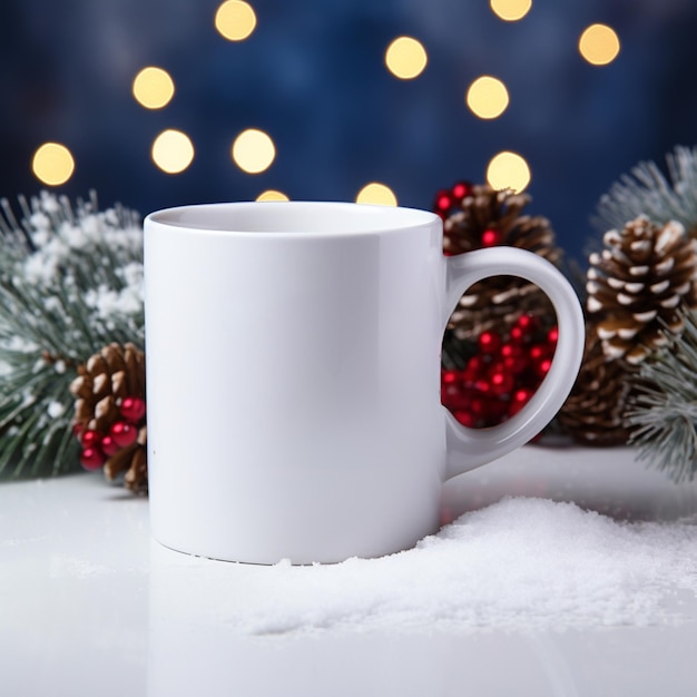 Taza blanca en blanco con piñas, nieve y fondo de vacaciones de invierno con luces bokeh