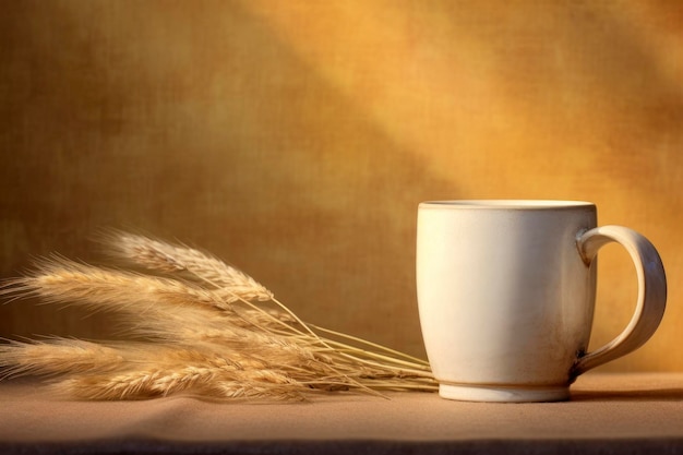 Taza blanca en blanco sobre un fondo cálido estilo rústico