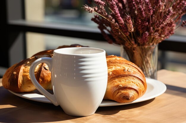 Una taza blanca y un bollo apetitoso sobre un fondo de otoño