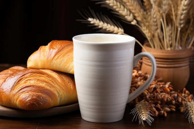 Una taza blanca y un bollo apetitoso sobre un fondo de otoño