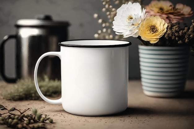 Una taza blanca con un borde negro y una raya blanca que dice "café".