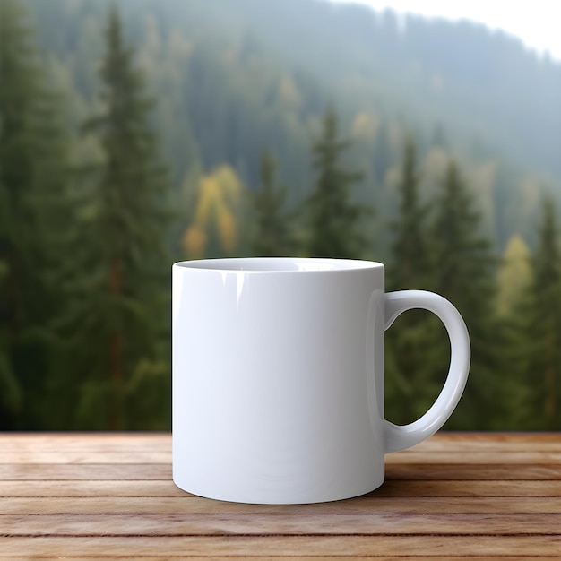 Una taza blanca con bosque de fondo