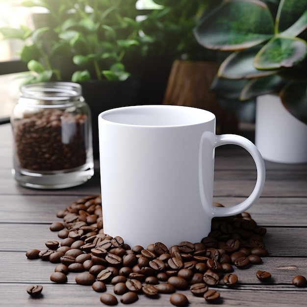 Foto taza blanca de café y granos de café sobre mesa de madera ai generativo