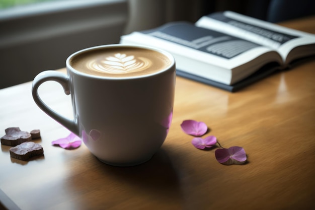 Taza blanca con café con leche y pétalos en una mesa de madera creada con tecnología de ai generativa