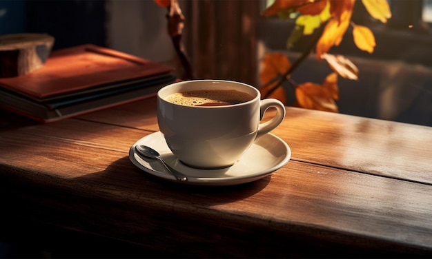 Una taza blanca de café en una mesa oscura