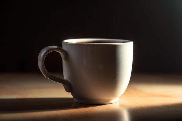 Una taza blanca de café se sienta en una mesa con el sol brillando sobre ella.