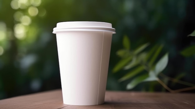 Una taza blanca de café con tapa sobre una mesa de madera.