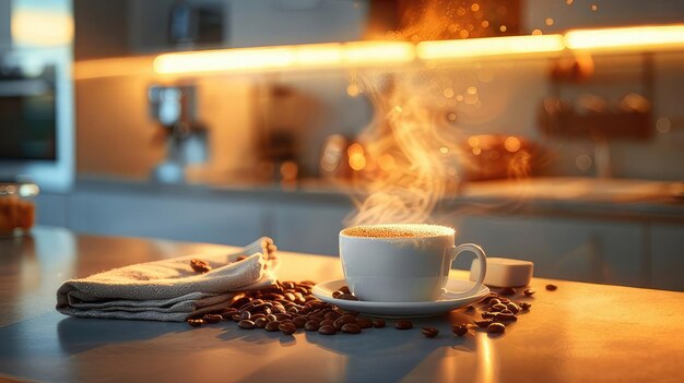 Foto taza blanca de café con vapor en una mesa de madera en una acogedora atmósfera casera con granos de café esparcidos cerca en una luz cálida el concepto de comodidad casera y buen día