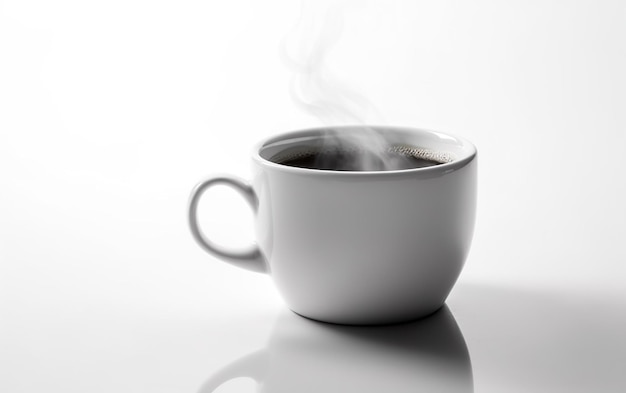 Una taza blanca de café con vapor saliendo de ella.