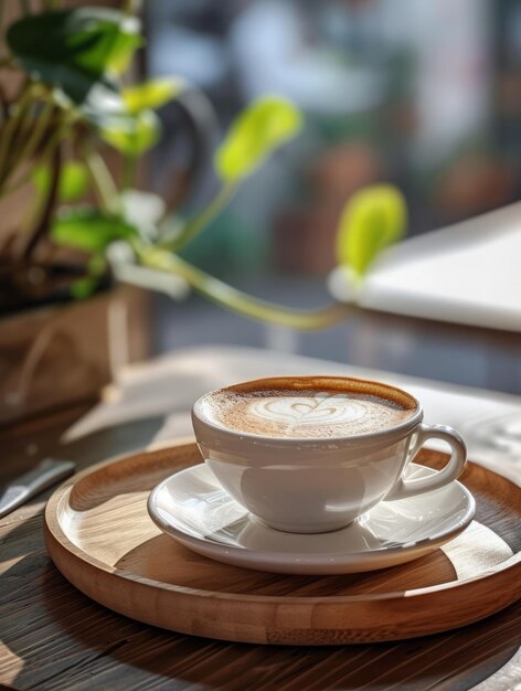 Taza blanca con capuchino en el plato de madera