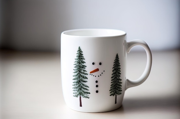 Taza blanca con cara de muñeco de nieve dormido y abetos cubiertos de nieve sobre un fondo blanco