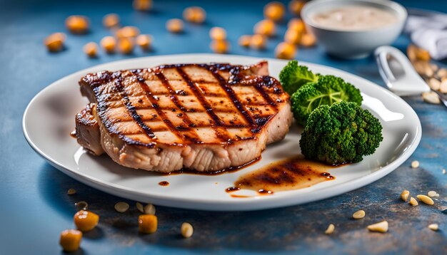 Taza blanca de carne de cerdo a la parrilla con fondo azul