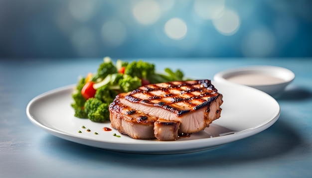 Taza blanca de carne de cerdo a la parrilla con fondo azul