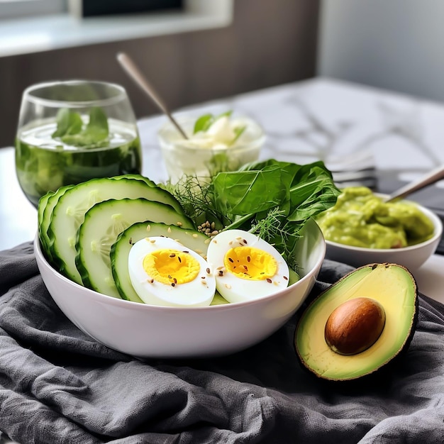 Foto una taza blanca con una ensalada keto huevo hervido cortado en medio aguacate la frescura del pepino y el apio