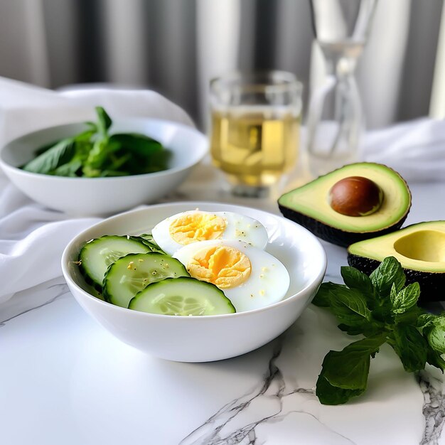 una taza blanca con una ensalada keto huevo hervido cortado en medio aguacate la frescura del pepino y el apio