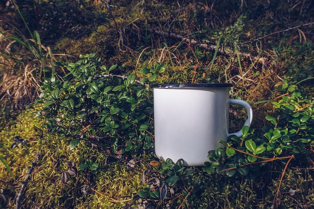 Taza blanca esmaltada en la maqueta de madera cubierta de musgo Mercancía de trekking y equipo de campamento Foto de marketing Foto de madera salvaje con taza de metal blanco Plantilla de maqueta de producto de escena rústica Estilo de vida al aire libre