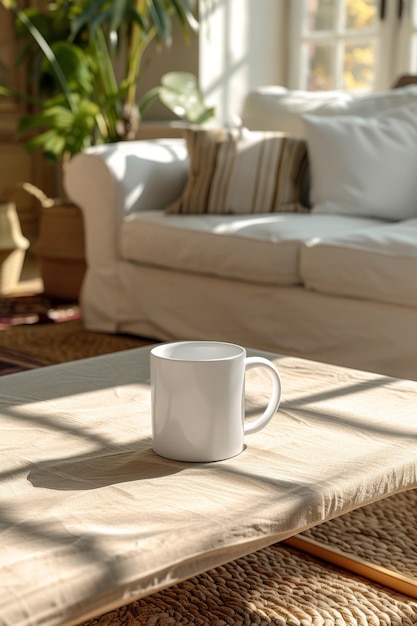 Una taza blanca está en la mesa en la sala de estar