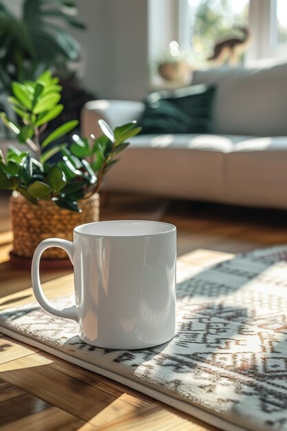 Una taza blanca está en la mesa en la sala de estar