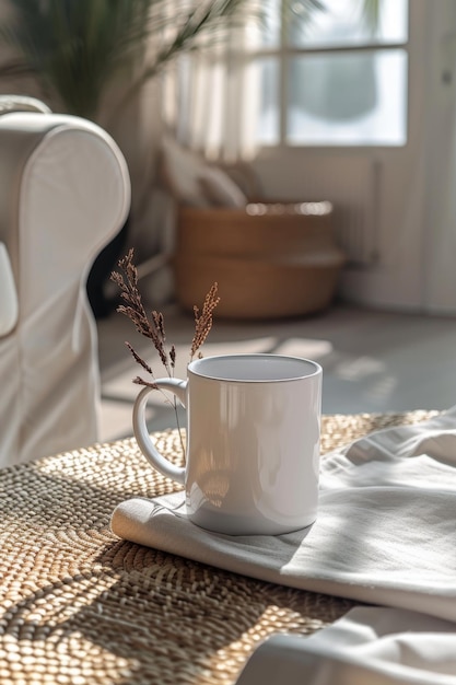 Una taza blanca está en la mesa en la sala de estar