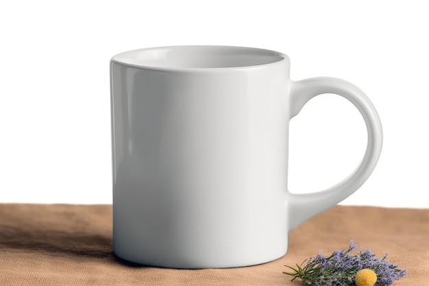 Una taza blanca con una flor de lavanda.