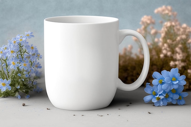 Una taza blanca con flores azules delante.