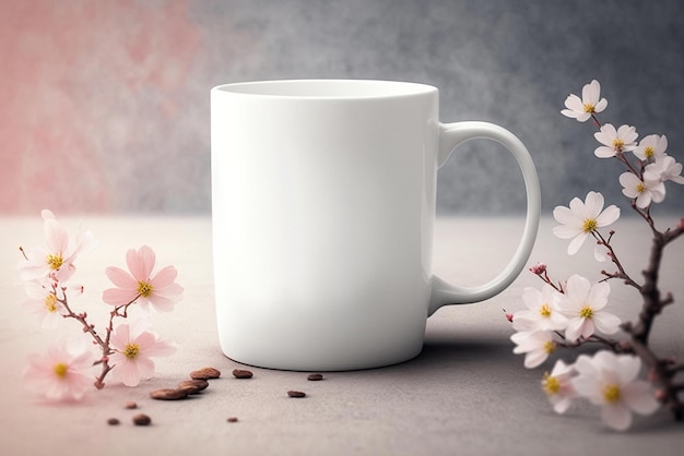 Una taza blanca con flores en el costado y una flor rosa en el costado.