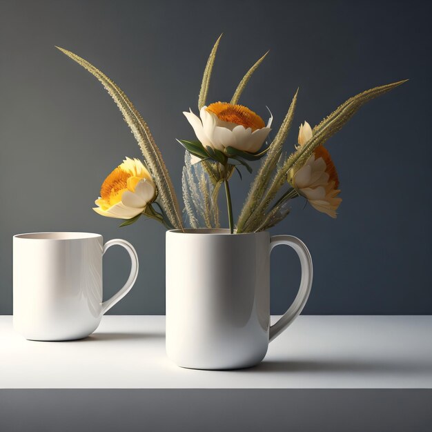 Taza blanca con flores en la mesa para la maqueta