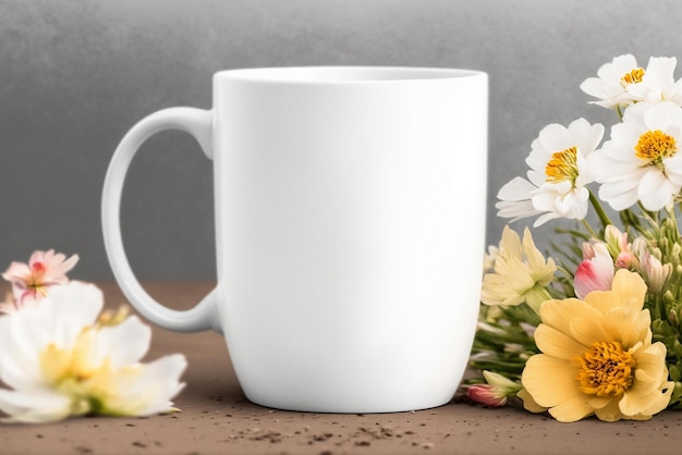 Una taza blanca con flores sobre la mesa.