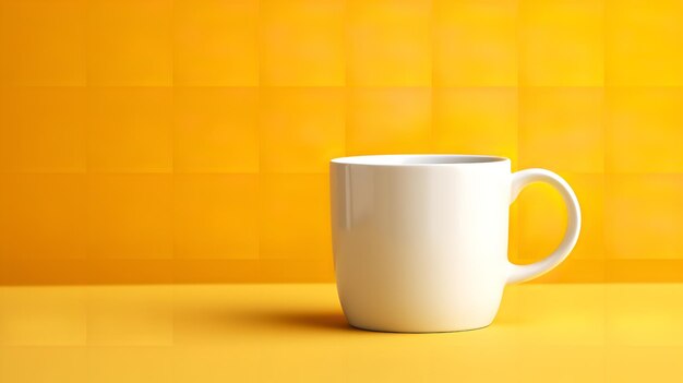 Una taza blanca en un fondo amarillo con superficie amarilla y un gran espacio de copia para el texto IA generativa