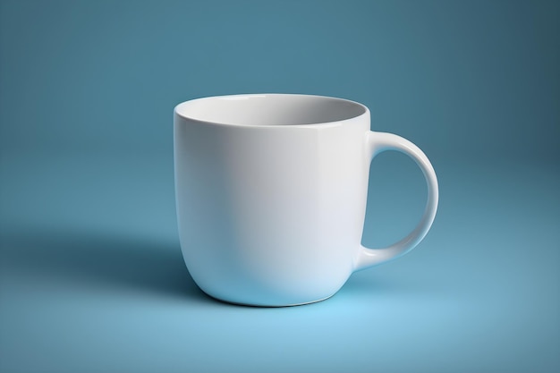 Una taza blanca con un fondo azul y la palabra café.