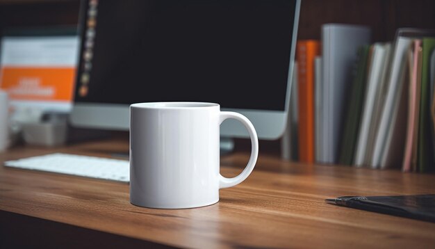 Foto taza blanca frente a la mesa de trabajo y la computadora portátil