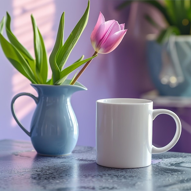 taza blanca con un jarrón de flores de tulipán