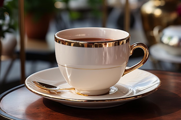 Taza blanca llena de café sobre platillo elegancia atemporal