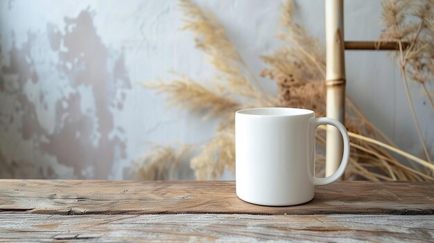 Foto una taza blanca con un mango de madera se sienta en una mesa de madera