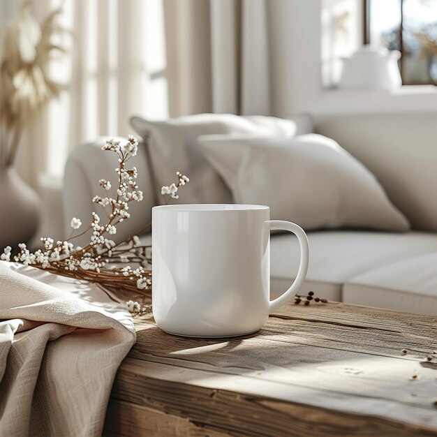 Foto taza blanca en la mesa y fondo de la habitación moderna taza de bebida en blanco para su diseño puede poner texto imagen y logotipo