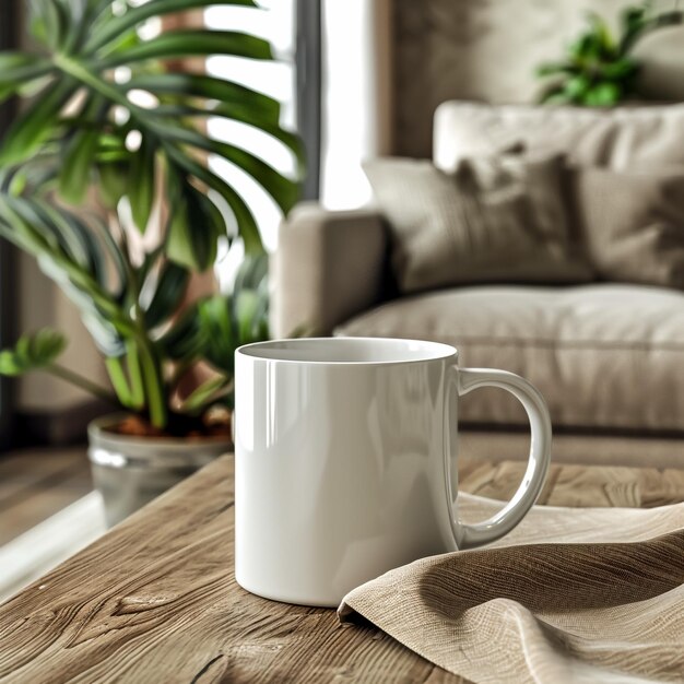 Foto taza blanca en la mesa y fondo de la habitación moderna taza de bebida en blanco para su diseño puede poner texto imagen y logotipo