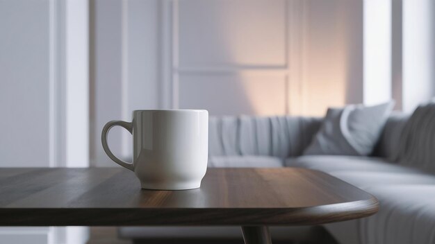 Taza blanca en la mesa y fondo moderno de la habitación