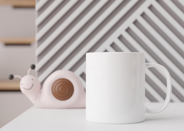 Taza blanca para niños maqueta Plantilla en blanco para su logotipo de publicidad de diseño Vista de cerca Espacio de copia Taza de pie en la habitación de los niños Maqueta de taza lúdica Representación 3D